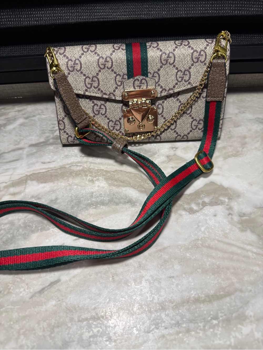 Beige GG Supreme Canvas Crossbody Bag with Green-Red Strap